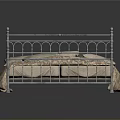 Elegant Silver Metal Bed Frame With Patterned Bedspread And Multiple Soft Pillows 3d model