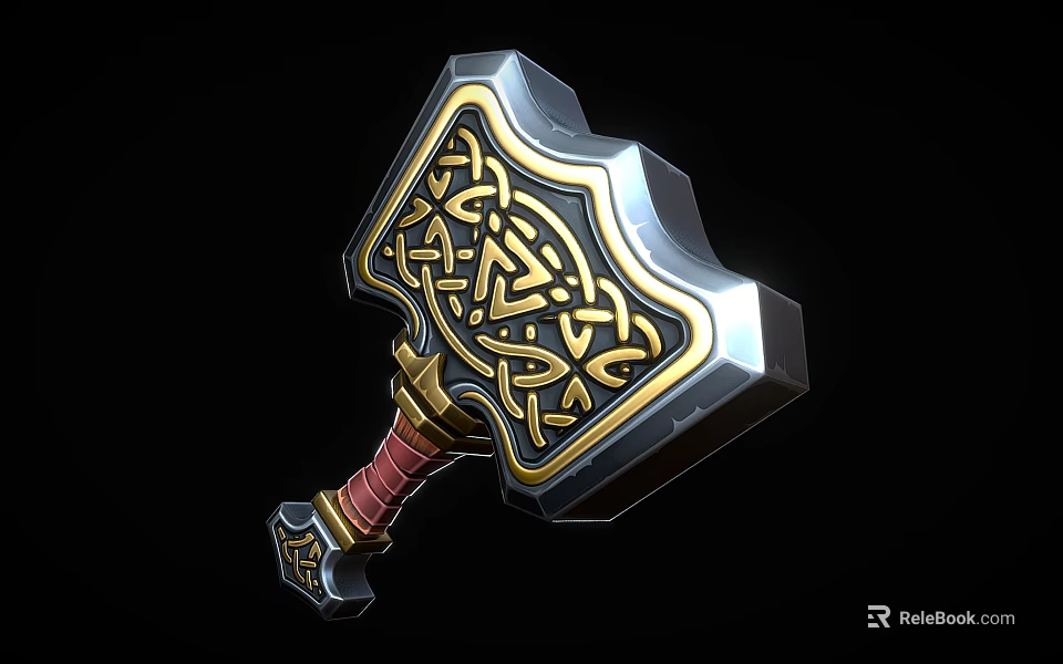 Ornate Warhammer With Celtic Style Golden Patterns And Red Leather Handle 3d model 