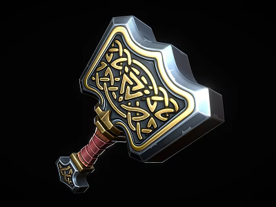 Ornate Warhammer With Celtic Style Golden Patterns And Red Leather Handle 3d model