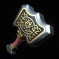 Ornate Warhammer With Celtic Style Golden Patterns And Red Leather Handle 3d model