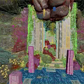 Ancient Cave Interior With Blue Water Pool Stone Pillars And Green Vines