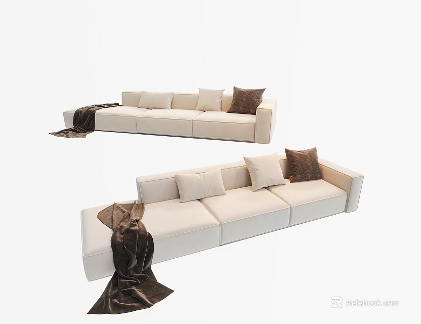Modern Cream Sectional Sofa with Brown Throw Pillows and Soft Throw Blanket 3d model