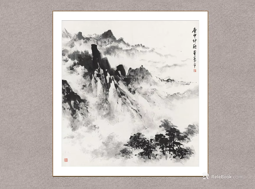 Traditional Chinese Ink Painting Wall Art With Misty Mountains Pine Trees And Calligraphy 3d model 