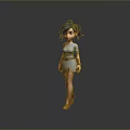 3D Character Girl with Short Black Hair Gray Dress and Brown Belt Standing