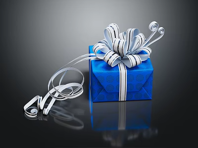 Decorative Blue Gift Box With White Ribbon Bow And Scattered Ribbons On Dark Reflective Surface 3d model
