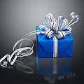 Decorative Blue Gift Box With White Ribbon Bow And Scattered Ribbons On Dark Reflective Surface