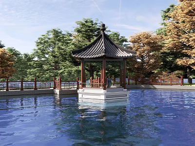 Traditional Chinese Pavilion In Scenic Pond With Lush Green Trees And Wooden Railing 3d model