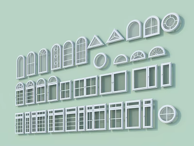White Casement Windows In Various Styles Displayed On Light Green Background 3d model