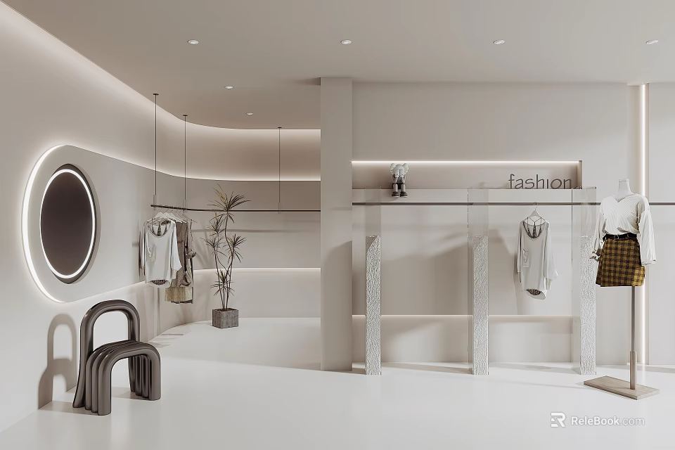 Modern Clothing Store Interior With Apparel Racks Mirror Lighting And Elegant Decor 3d model 