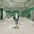 Modern Clothing Store Interior Featuring Green Curved Walls Transparent Racks Hanging Clothes and White Bench
