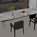 Modern Dining Table Set With Marble Top Gray Chairs And Potted Plant 3d model