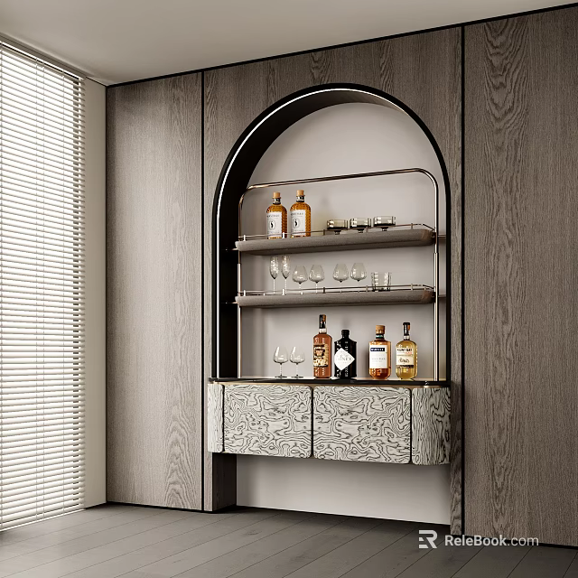 Modern Wine Cabinet Featuring Arch Design Wooden Cabinetry Patterned Doors And Wine Bottles Glasses 3d model 