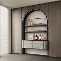 Modern Wine Cabinet Featuring Arch Design Wooden Cabinetry Patterned Doors And Wine Bottles Glasses