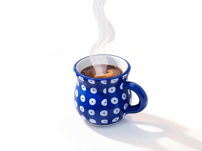 Blue Mug With White Polka Dot Pattern Holding Brown Liquid And Steam On White Background 3d model