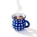 Blue Mug With White Polka Dot Pattern Holding Brown Liquid And Steam On White Background