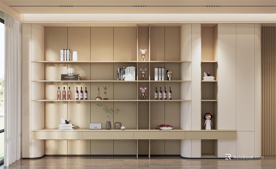 Modern Interior Display Storage Cabinet Shelf With Books Decorations And Wine Bottles 3d model 