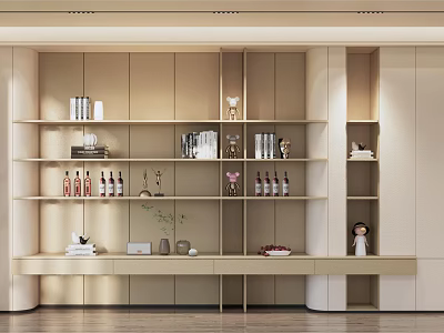 Modern Interior Display Storage Cabinet Shelf With Books Decorations And Wine Bottles 3d model