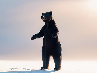 Mighty Black Bear Standing Tall on White Snow With Blue Sky Background 3d model
