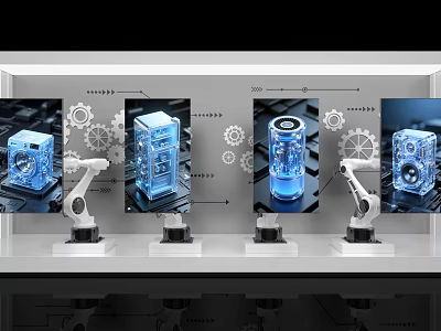 Industrial Equipment Automated Production Line Featuring Robotic Arms Gears And Blue Technological Components 3d model