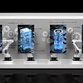 Industrial Equipment Automated Production Line Featuring Robotic Arms Gears And Blue Technological Components