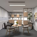 Modern Meeting Room With Beige Sofa Gray Carpet Wooden Shelf Green Plant And Collage Art