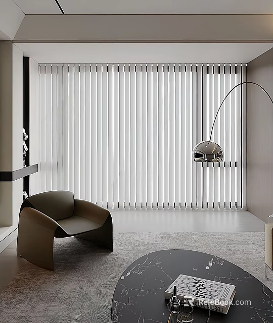 Modern Living Room Interior With White Venetian Blinds Curved Brown Chair And Arc Floor Lamp 3d model 