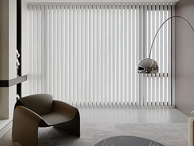 Modern Living Room Interior With White Venetian Blinds Curved Brown Chair And Arc Floor Lamp 3d model