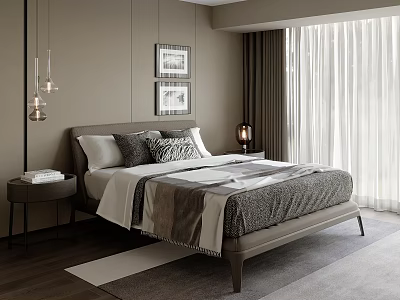 Modern Bedroom Interior With Pendant Lights Comfortable Bed Framed Artworks Rug And Curtains 3d model