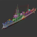 Vintage Warship Model With Multiple Turrets Red Bottom And White Hull Structure 3d model