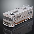 Vintage White And Brown Recreational Vehicle With Roof Rack And Side Windows