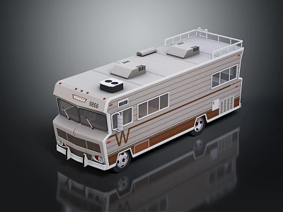 Vintage White And Brown Recreational Vehicle With Roof Rack And Side Windows 3d model