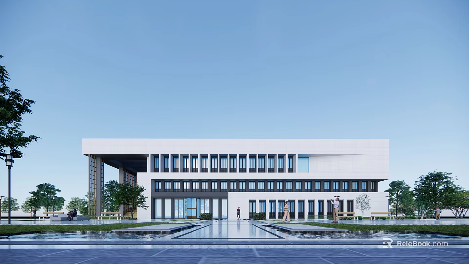 Modern White Office Building Featuring Symmetrical Design Large Windows Greenery And Water Pool In Front 3d model 