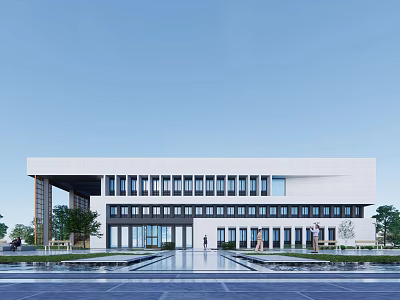Modern White Office Building Featuring Symmetrical Design Large Windows Greenery And Water Pool In Front 3d model