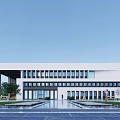 Modern White Office Building Featuring Symmetrical Design Large Windows Greenery And Water Pool In Front