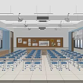 School Classroom Interior With Blue Desks Chairs Neatly Arranged Front Board Wall Posters Windows And Bookshelves