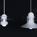 Two Modern Pendant Lights With White Shade And Metal Structure In Dark Interior