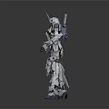 Detailed White Robot Character with Blue Feet and Complex Mechanical Structure on Gray Background