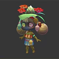 Cute Fantasy Character With Green Eyes Twin Ponytails In Plant Inspired Outfit With Red Flowers