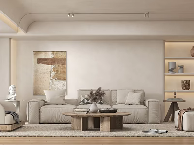 Minimalist Modern Living Room With Beige Sofa Wooden Coffee Table And Decorative Shelves 3d model
