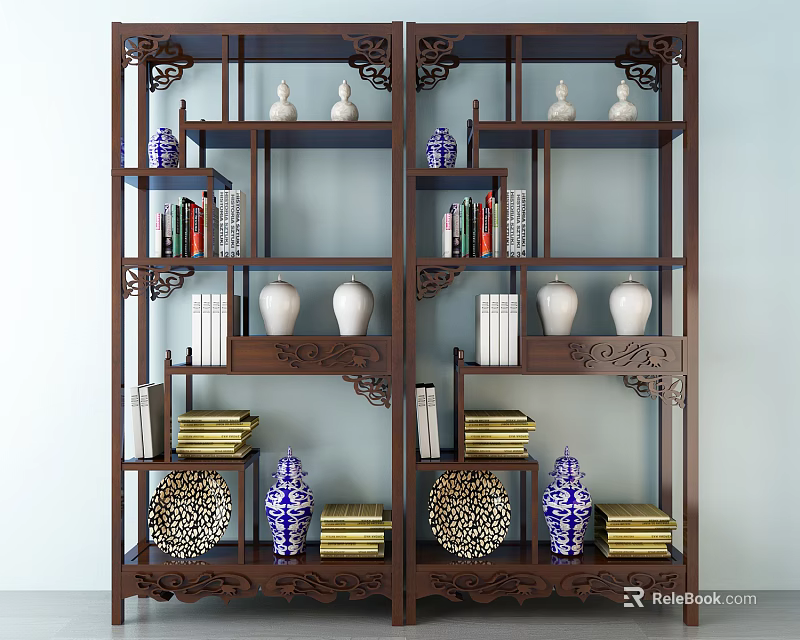 Traditional Chinese Carved Display Shelf With Vases Books Plates And Blue White Porcelain 3d model 