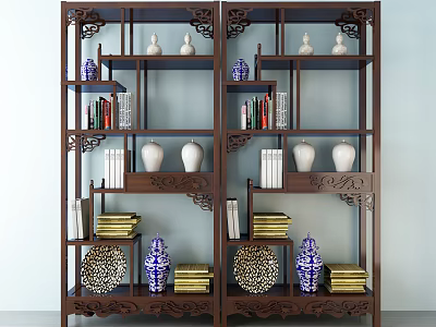 Traditional Chinese Carved Display Shelf With Vases Books Plates And Blue White Porcelain 3d model