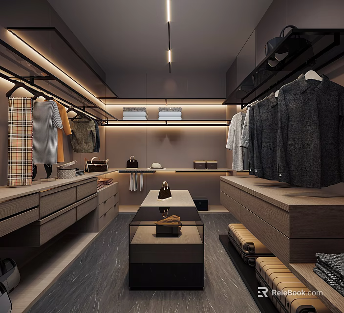Modern Walk in Closet Interior Design With Hanging Clothes Drawers And Recessed Lighting 3d model 