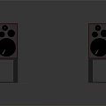Electronic Audio Speakers With Red Wooden Enclosure Black Drivers And Gray Stands Against Gray Background