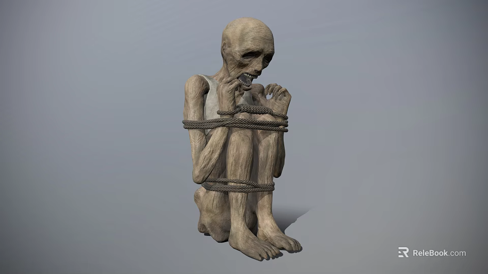 Bound Emaciated Humanoid Character Sitting With Hands Near Mouth In Restrained Posture 3d model 