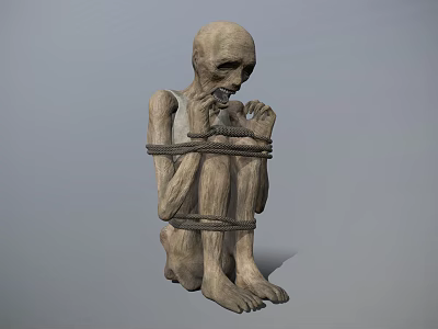 Bound Emaciated Humanoid Character Sitting With Hands Near Mouth In Restrained Posture 3d model