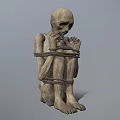 Bound Emaciated Humanoid Character Sitting With Hands Near Mouth In Restrained Posture