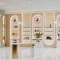 Luxury Retail Store Interior With Arched Display Shelves Illuminated Products Marble Counter and Green Decor