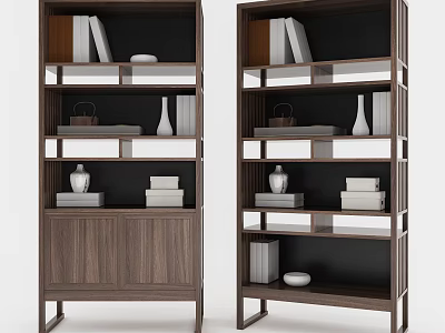 Modern Wooden Bookcase With Multiple Open Shelves Holding Books And Decorative Bowls 3d model