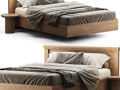 Modern Oak Wooden Double Bed With Headboard Plaid Pillows Blanket And Nightstand 3d model