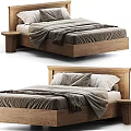 Modern Oak Wooden Double Bed With Headboard Plaid Pillows Blanket And Nightstand